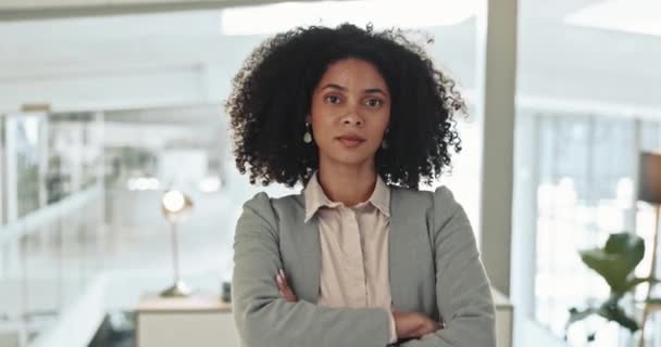 Cara Seria Negocio Mujer Con Los Brazos Cruzados Oficina Carrera — Vídeos de Stock