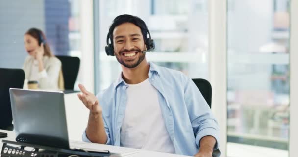 Homem Negócios Retrato Call Center Comunicação Consultor Feliz Laptop Para — Vídeo de Stock