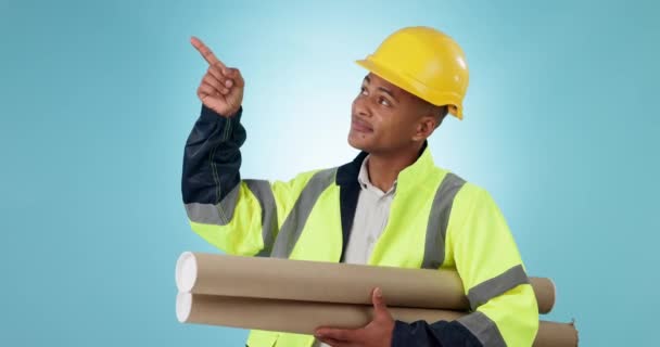 Stavební Dělník Projektant Muž Ukazují Seznam Profesionálních Informací Dodavateli Modrém — Stock video