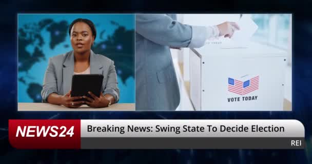 Breaking News Reporter Vrouw Studio Voor Verkiezingen Resultaten Box Screen — Stockvideo