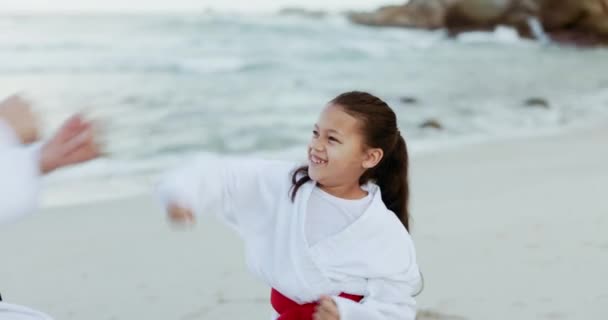 Spiaggia Karate Punch Bambino Imparare Arti Marziali Combattimento Taekwondo Fitness — Video Stock