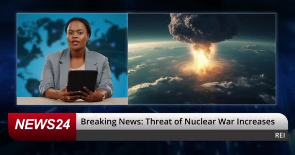 Notícias Última Hora Repórter Mulher Estúdio Para Ameaça Guerra Explosão — Vídeo de Stock