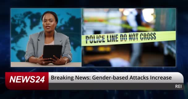 Breaking News Woman Broadcast Studio Gender Violence Attack Crime Report — Stock Video