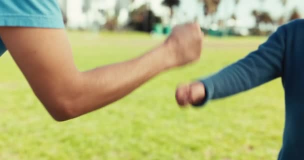 拳打脚踢 父亲和孩子的问候 信任和团结户外公园 为家庭支持 健康关系或自然联系而进行的亲热 亲情接触 — 图库视频影像