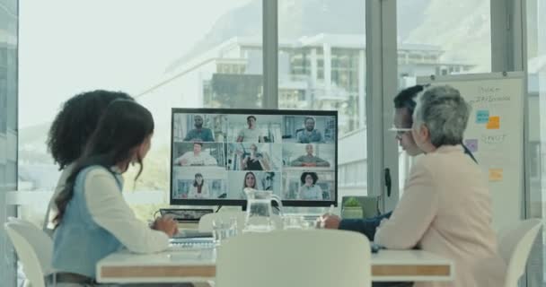 Videoopkald Online Møde Forretningsfolk Skærmen Til Planlægning Diskussion Samtale Virksomheder – Stock-video