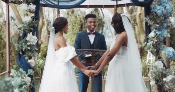 Vrouwen Lesbische Bruiloft Ceremonie Buiten Met Priester Voor Liefde Feest — Stockvideo