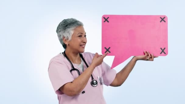 Médico Mulher Cartaz Bolha Fala Apresentação Mockup Bate Papo Saúde — Vídeo de Stock