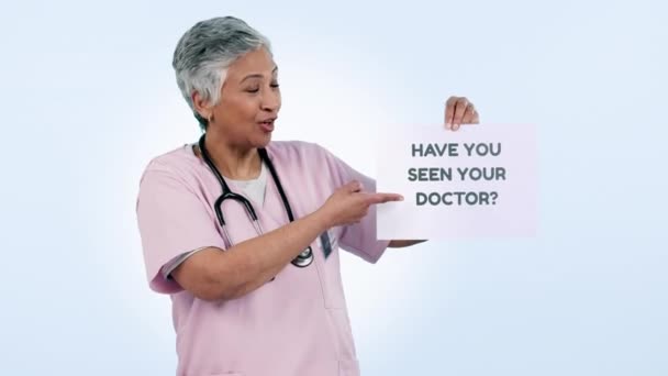 Senior Woman Doctor Sign Question Healthcare Attention Studio Background Portrait — Stock Video