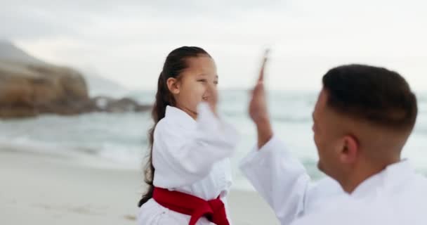 空手道老师或5岁以下的孩子 为武术目标 战斗成绩或健身 指导女孩或学生锻炼 锻炼或训练以取得成功的支持 高兴或教练 — 图库视频影像