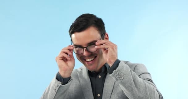Cuidados Com Olhos Retrato Homem Feliz Com Óculos Para Visão — Vídeo de Stock