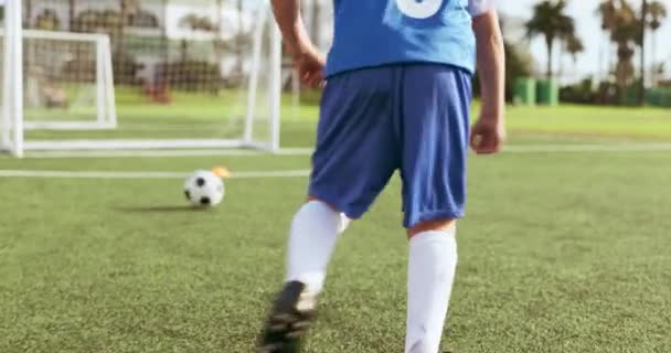 Futbolista Piernas Portería Deportes Acción Tiro Infantil Huelga Práctica Objetivo — Vídeos de Stock