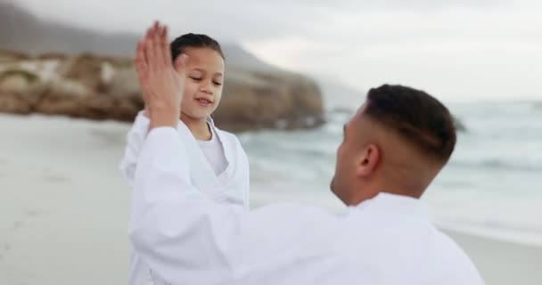 Strand Karate Vagy Pacsi Egy Apa Lánya Együtt Szabadban Egy — Stock videók