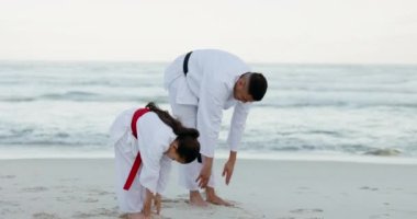 Plaj, karate ya da baba ve kızıyla birlikte dışarıda kendini savunma egzersizi yapmak. Fitness, aile ya da çocuklu bir erkek ebeveyn ve kız deniz kenarında dövüşmeye hazırlanıyor..