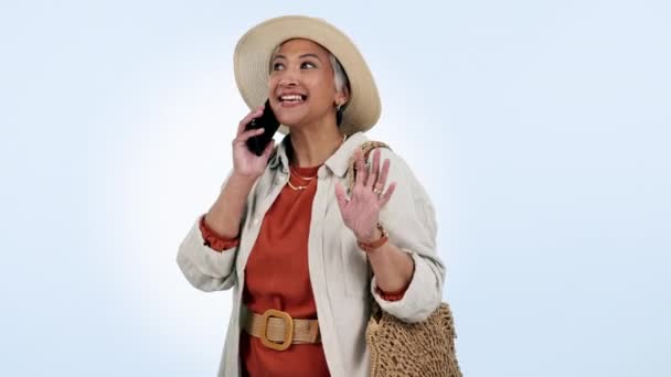 Phone Call Communication Senior Woman Studio Conversation Gossip Secret Smile — Stock Video