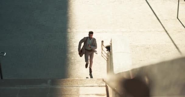 Бізнес Місто Людина Сходах Пізно Працює Призначенням Графіком Стресом Людина — стокове відео