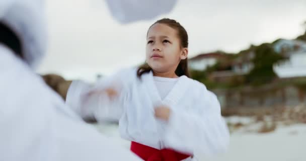 Playa Lucha Karate Aprendizaje Infantil Artes Marciales Kung Taekwondo Entrenamiento — Vídeos de Stock