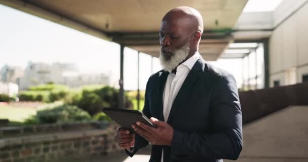 Aire Libre Pensamiento Hombre Mayor Con Una Tableta Corporativo Duda — Vídeo de stock