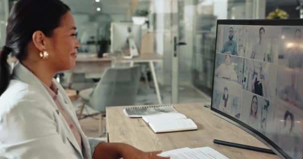 Videollamada Mujer Negocios Papeleo Oficina Con Consultoría Online Planificación Conversación — Vídeos de Stock