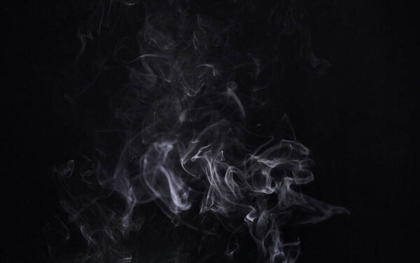 Smoke, cigarette and dark or black background with pattern, texture and mockup for abstract art of gas or cloud design. Incense, fog or smoking of air pollution, texture or danger in empty studio.