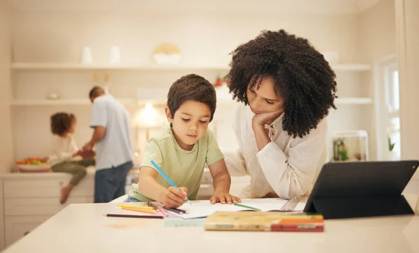 Mom, child and writing in home education, e learning and family support or creative development in kitchen. Interracial mother, parents and kid drawing or color in book for online school and teaching.