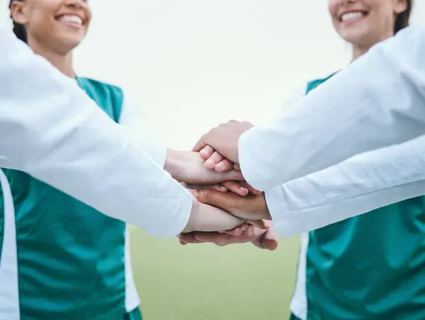 Stack Sports Women Hands Team Huddle Support Smile Plan Hockey — Stock Photo, Image