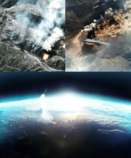 Missile launch, earth and aerial view from space for war, bomb and global conflict in apocalypse. Rocket, nuclear weapon and drone strike from army, military and warzone with explosion on landscape.
