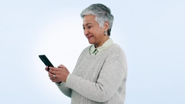 Senior Woman Phone Laugh Studio Contact Texting Funny Meme Web — Stock Video