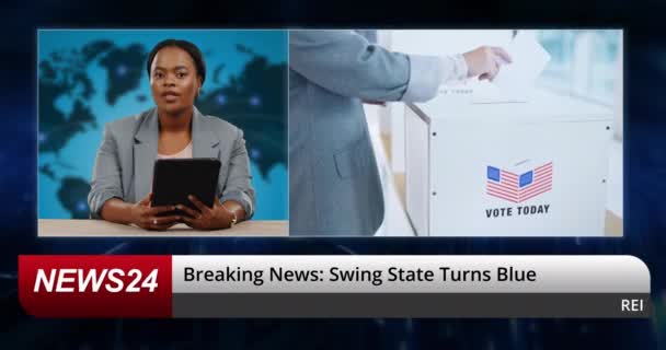 テレビニュース レポーターの女性 ボックス コミュニケーション 民主主義に投票 アフリカのテレビプレゼンター 米国の投票のための顔やタブレット 政府や自由のための決定 — ストック動画