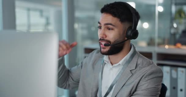 Computador Call Center Homem Conversando Com Atendimento Cliente Suporte Crm — Vídeo de Stock