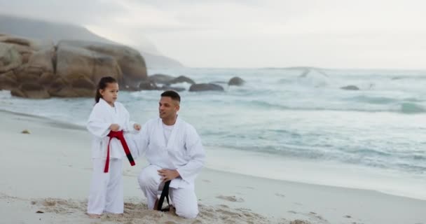 Beach Karate Sport Child Learning Martial Arts Fighting Taekwondo Fitness — Stock Video