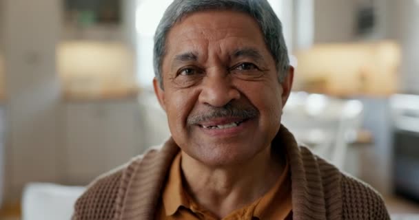 Счастлив Лицо Пожилой Человек Пенсии Дома Расслабьтесь Гостиной Миром Свободой — стоковое видео