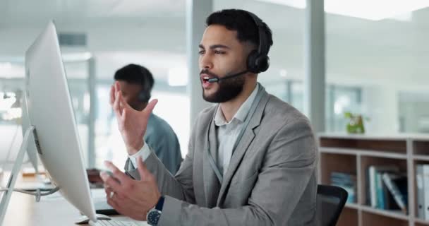 Computador Call Center Feliz Com Homem Conversando Suporte Escritório Ajuda — Vídeo de Stock