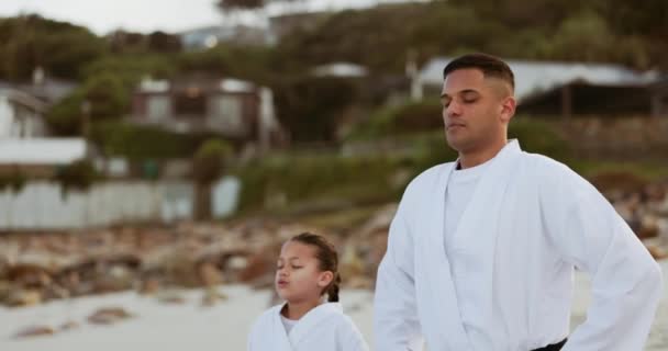 Playa Enseñanza Karate Aprendizaje Niños Artes Marciales Lucha Mindfulness Entrenamiento — Vídeos de Stock
