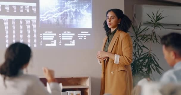 Projektor Prezentáció Üzletasszony Tanít Beszél Válaszol Globális Kereskedelmi Pénzügyi Vagy — Stock videók