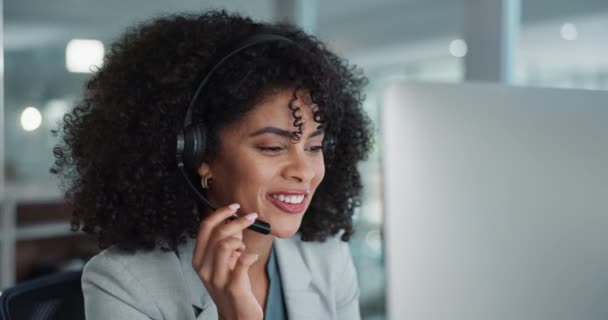 Mujer Feliz Cara Consultoría Call Center Servicio Cliente Telemarketing Oficina — Vídeo de stock