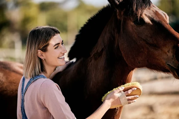 Horse, cleaning and woman with brush on ranch for animal care, farm pet and grooming in countryside. Farming, happy and person with stallion for brushing mane for wellness, healthy livestock and work.