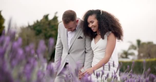 Casamento Noiva Noivo Mãos Dadas Campo Celebrar Amor Com Felicidade — Vídeo de Stock