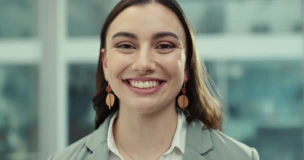 Bizneswoman Szczęśliwa Twarz Zbliżenie Prawnika Biurze Dumą Zaufaniem Pracy Kancelarii — Wideo stockowe