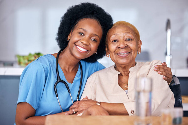 Portrait, smile and assisted living caregiver with an old woman in a retirement home together. Healthcare, support or community with a happy nurse or volunteer and senior patient hugging in a house.