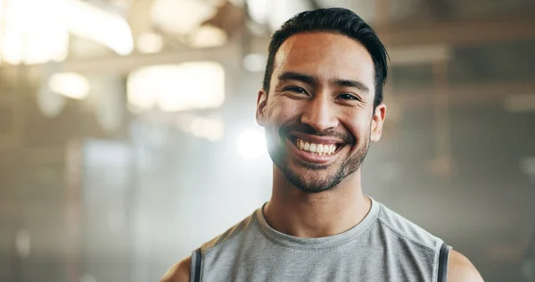 Happy, face and man in the gym for workout, training or body builder with happiness, health and wellness in sports center. Fitness, portrait and Indian athlete thinking of exercise goals with smile.