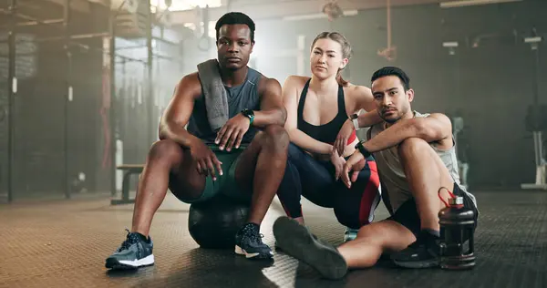 Fitness, group and face in gym with confidence, workout and exercise class. Diversity, friends and wellness portrait of serious athlete group with coach ready for training and sport at a health club.