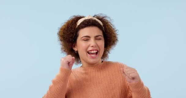 Young Woman Cheers Fist Pump Celebration Happiness Portrait Win Blue — Stock Video