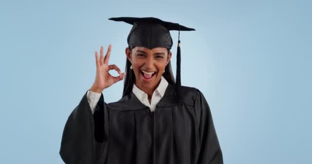 Happy Woman Student Graduation Sign Smile Gesture Studio Blue Background — Stock video