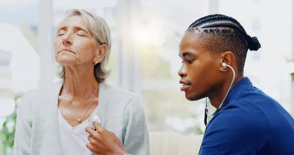 Nurse Senior Woman Stethoscope Breathing Test Healthcare Wellness Listening Chest — Stock Photo, Image