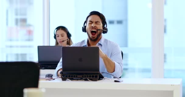 Man Call Center Headset Tired Telemarketing Agent Customer Service Laptop — Stock Video