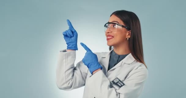 Woman Pointing Hands Happy Scientist Studio Background Promotion Presentation Info — Stock Video