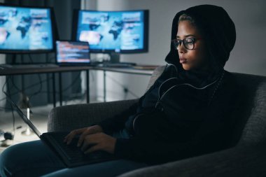 Hacker, dizüstü bilgisayarı ve bilgi teknolojisi olan bir kadın, küresel ağ ve veri tabanı sahtekarlık ve siber suçlarla dolu. Siber güvenlik, programlama veya hackleme, fidyecilik ve güvenlik duvarı suçlusu.