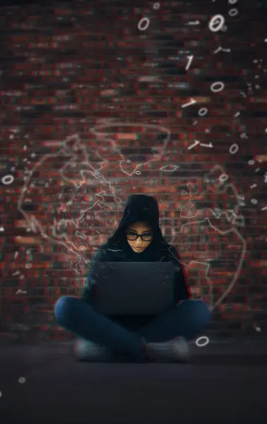 Hacker, coding overlay and woman on laptop in dark for cybersecurity, phishing and crime. Information technology, mockup and person on computer for software, network code and programming hologram.