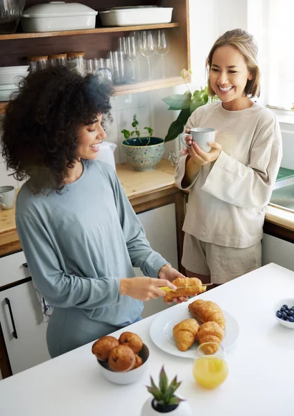 Пара Счастье Женщины Кофе Приготовления Пищи Кухне Завтрак Питание Витамин — стоковое фото