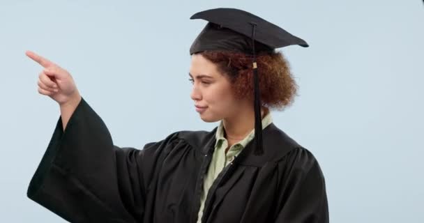 Graduation Pointing Woman Studio Decision Option Choice Blue Background University — Stock Video